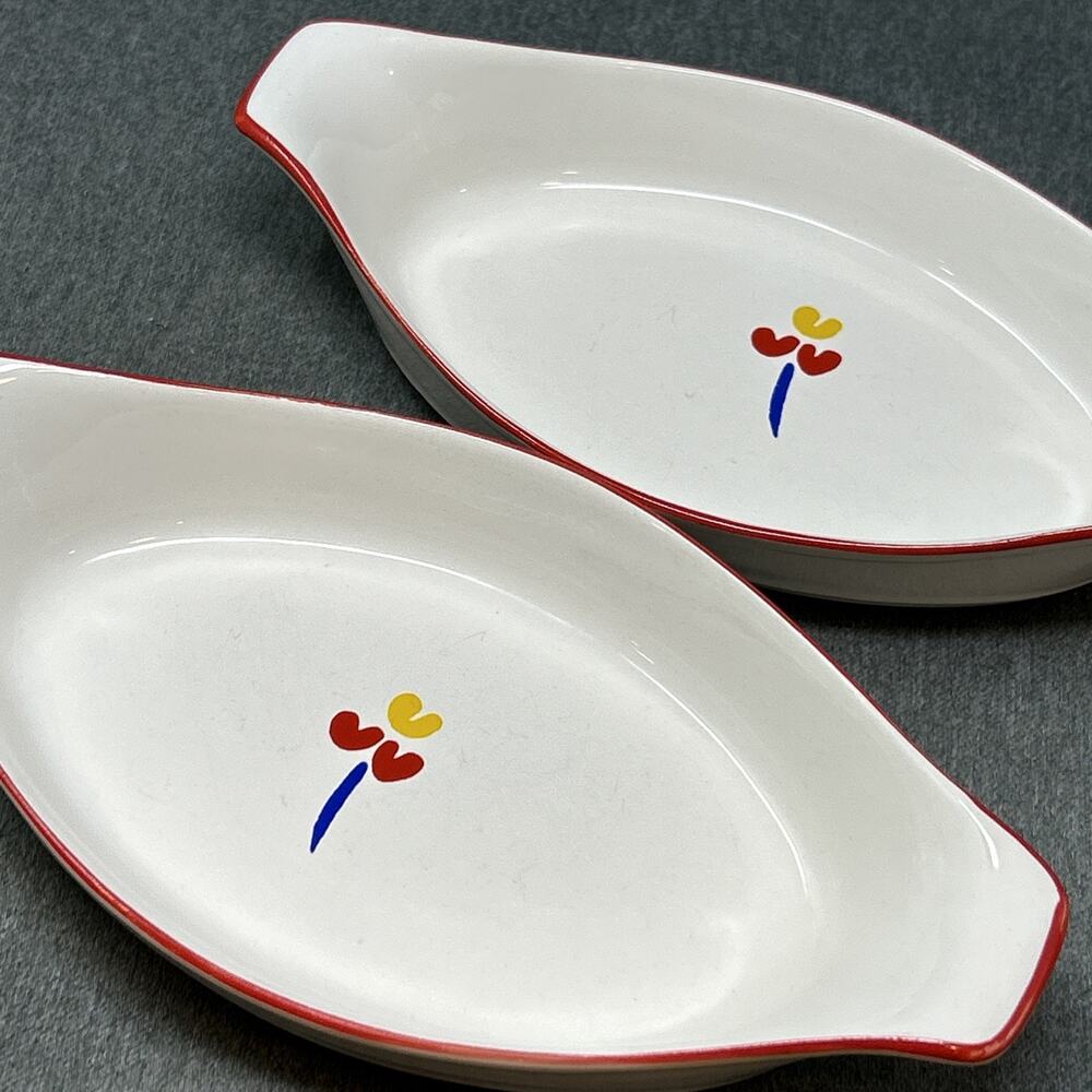 Riva Designs Tulips Au Gratin Baking Dish Set of 2 Ceramic Oval Red Trim Japan